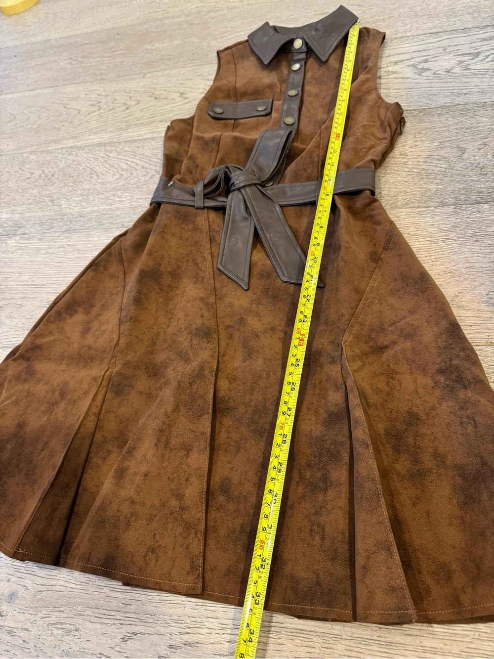 [NWOT] En Saison Size S Brown Faux Suede Leather Trim Belted A-Line Dress - Picture 8 of 13